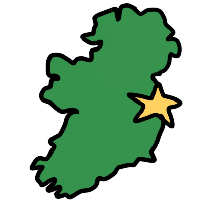 Shape of the island of Ireland, coloured in green, with a yellow star over the location of Dublin.